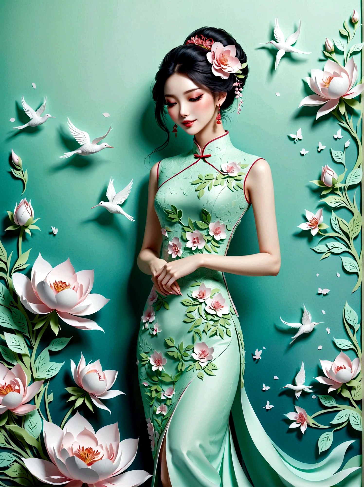 (arte de papel, Quilted arte de papel, 3D), (cuerpo completo:1.5), 1 mujer cheongsam，tímido，cierra tus ojos，cuerpo delgado，proporciones perfectas，Accesorios para el cabello exquisitos，sonrisa，elementos orientales，fondo sencillo，verde menta，(iluminación suave，bokeh)，alta calidad，4k