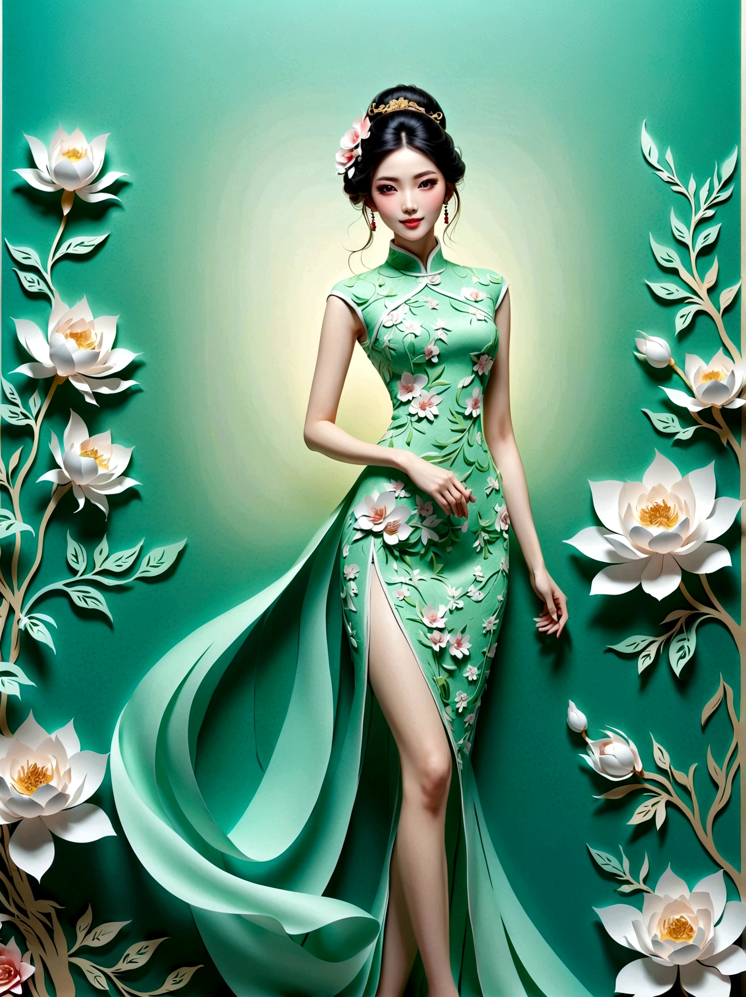 (arte de papel, Quilted arte de papel, 3d), (cuerpo completo:1.5), 1 mujer cheongsam，tímido，cierra tus ojos，cuerpo delgado，proporciones perfectas，accesorios para el cabello exquisitos，sonrisa，elementos orientales，fondo sencillo，verde menta，(iluminación suave，bokeh)，alta calidad，4k