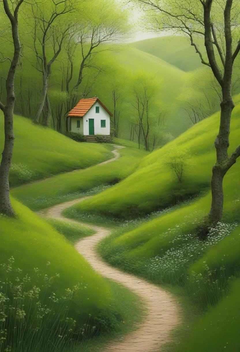 Minimalism，spring，Woods and winding paths，Old man back，Small house in the distance，Green Theme