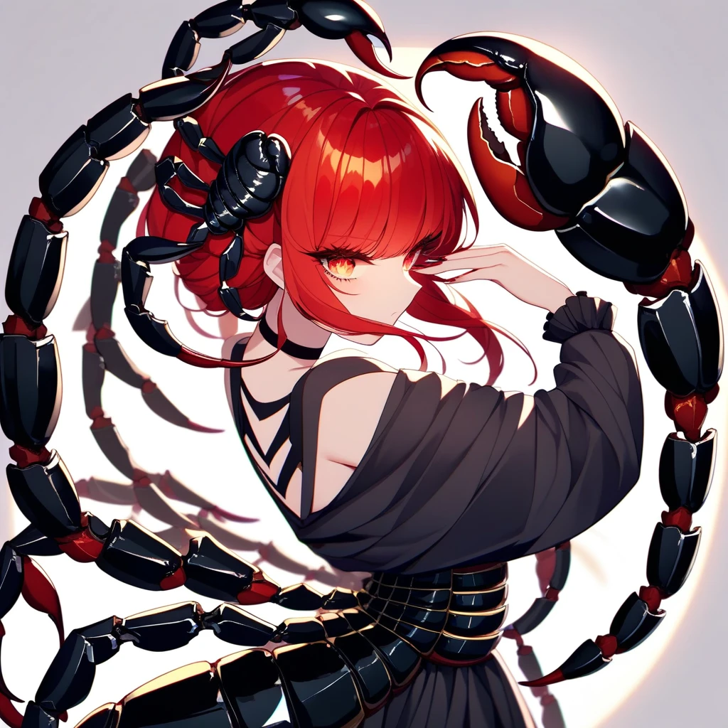 （Yellow plum、high quality、Very detailed），Constellation Scorpion 、Poisonous tail，(((Huge reddish black scorpion:1.6)))，A woman intimidating a Scorpio，Similar to the goodness of Latin，Brave，Whimsical，productivity，The face of progress and humanitarianism，Long golden hair，Ancient Greek Costume、Wrap dress，The background is space，Crystal Red Eye（Eye details），A powerful look