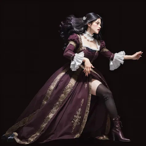 masterpiece, best quality photo, a maid woman in renaissance dress, battle posture, (renaissance inspired dress with dark wine c...