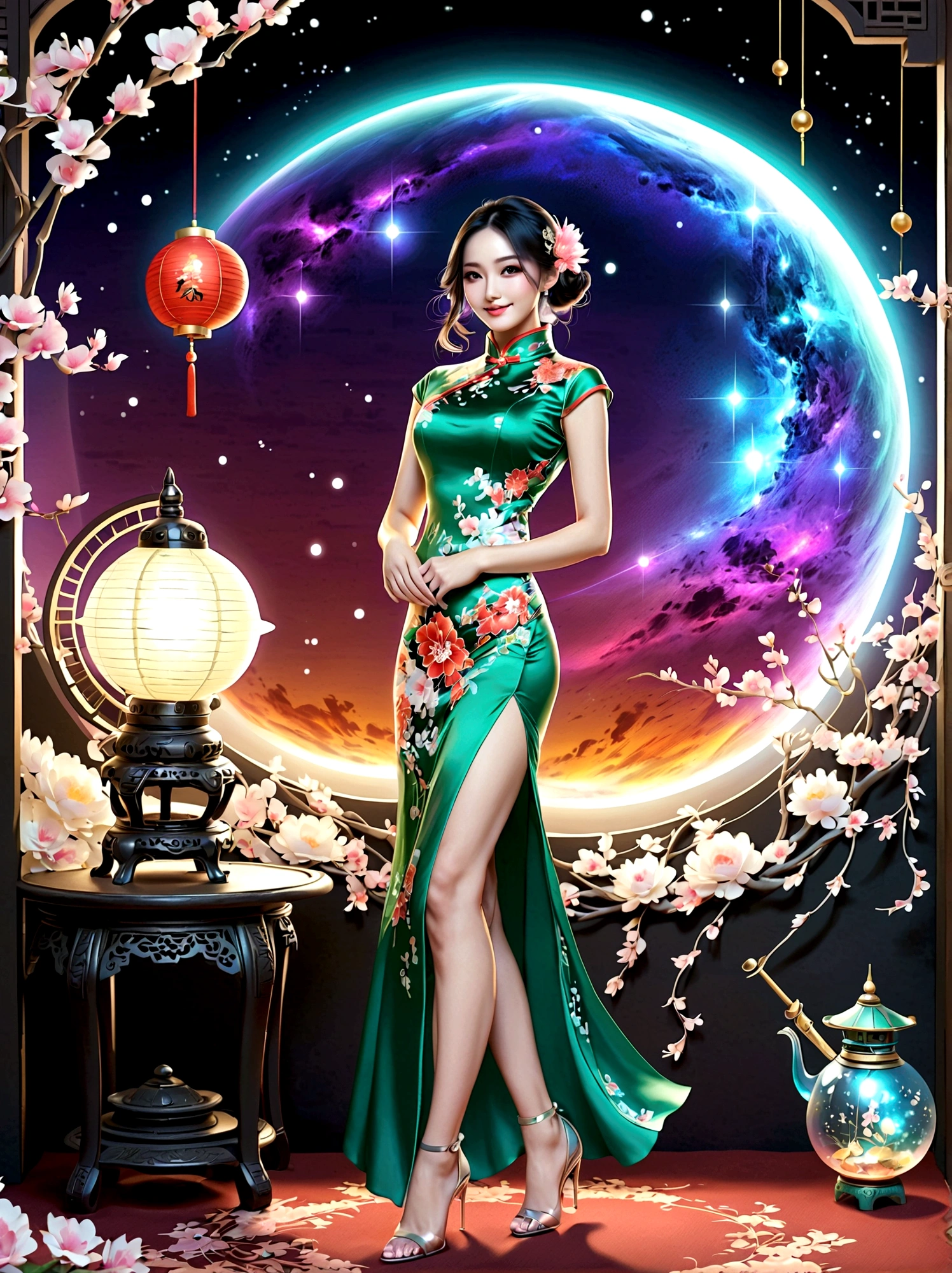 (tir de tout le corps:1.4), art spatial, 1 femme Cheongsam，tout le corps，debout，Bras robotique transparent，Corps mince，Des proportions parfaites，Accessoires pour cheveux exquis，sourire，Chaussures mécaniques transparentes，Éléments orientaux，(bokeh)，Haute qualité，4k，3D