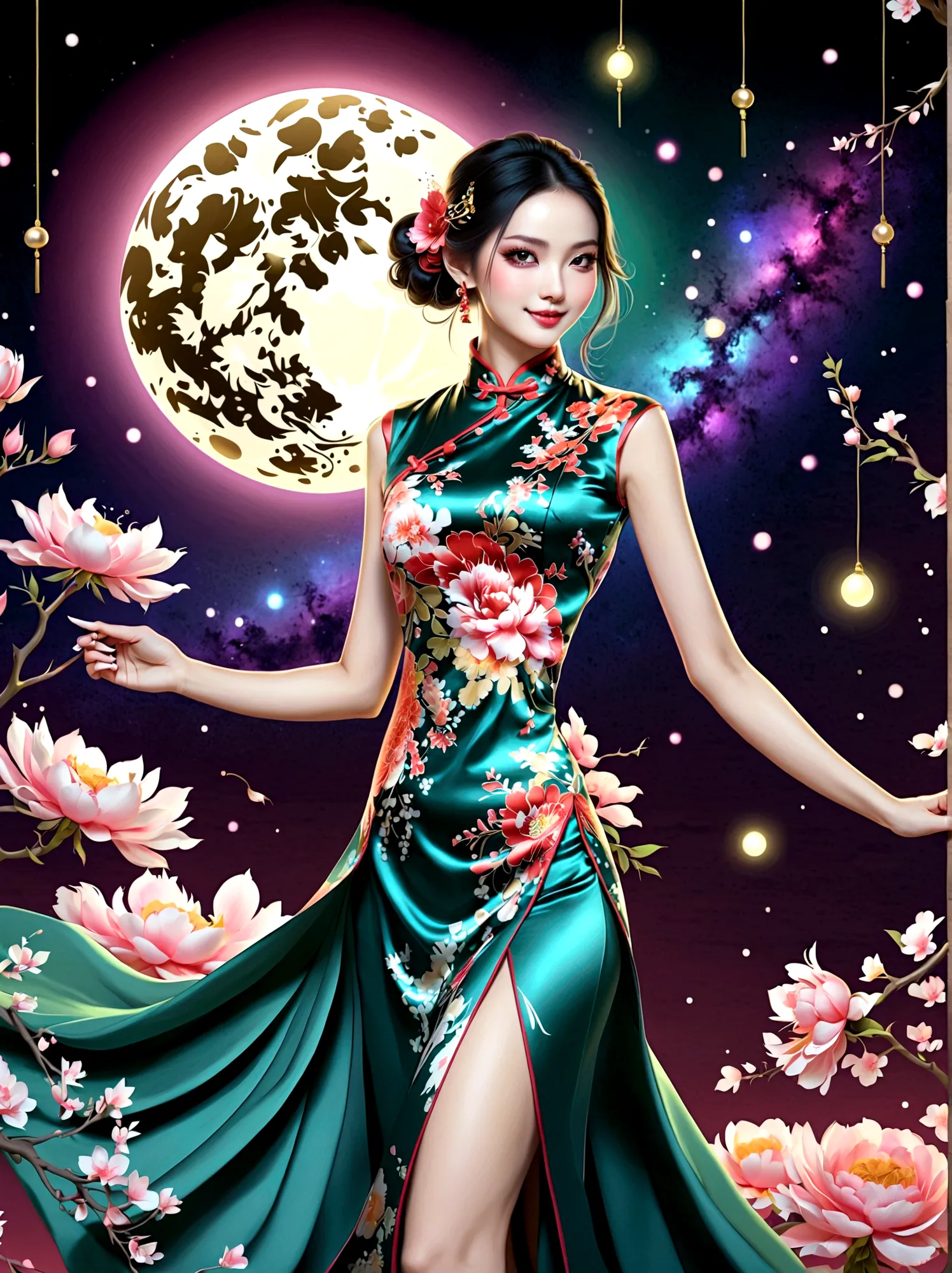 (full-body shot:1.4), Space Art, 1 Cheongsam woman，whole body，Standing，Transparent robotic arm，slim body，Perfect proportions，Exq...