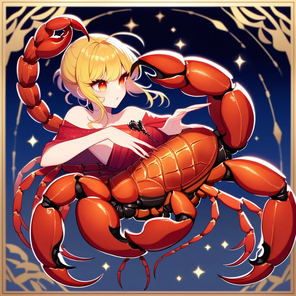 （Yellow plum、high quality、Very detailed），Constellation Scorpion 、Poisonous tail，(((Huge reddish black scorpion:1.6)))，A woman intimidating a Scorpio，Similar to the goodness of Latin，Brave，Whimsical，productivity，The face of progress and humanitarianism，Long golden hair，Ancient Greek Costume、Wrap dress，The background is space，Crystal Red Eye（Eye details），A powerful look