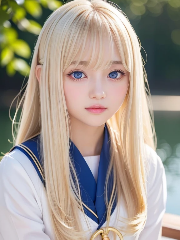 Silky skin and glowing cheeks、A very beautiful and adorable 20 year old girl、((Long bangs that reach down to the nose and between the eyes,,,))、Beautiful and cute young woman with very long, silvery, silky platinum blonde hair、Very beautiful pale yellow eyes shining、Bright expression、Summery clothes、Flat Chest、