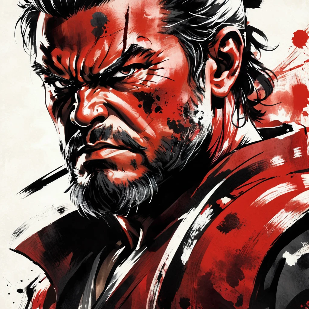 Samurai,Angry expression,Red skin,solo, looking at viewer, masterpiece,best quality,extremely detailed,fine details,Zoom in,Beautiful posture