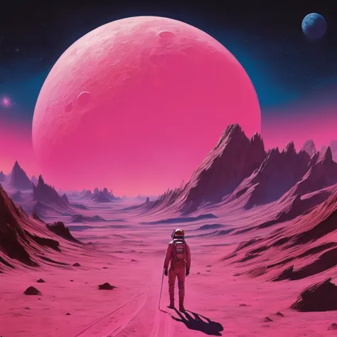 in the style of chesley bonestell，depicting an adventurer wandering an alien desert under the light of a giant pink moon，the scr...