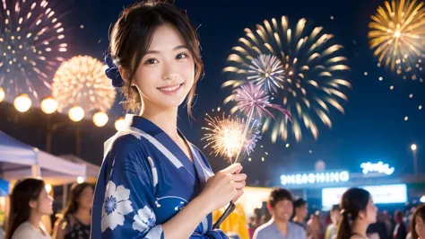 Beauty、festival、firework、Blue yukata、smile、summer