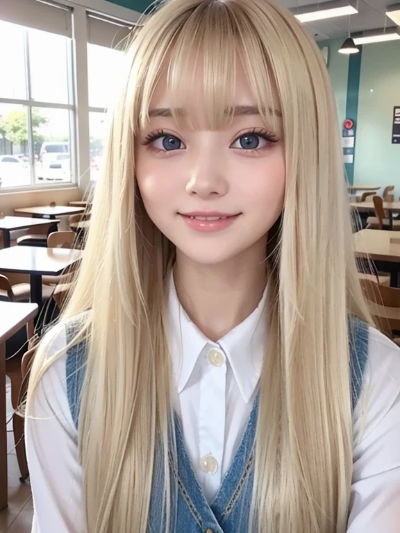 Silky skin and glowing cheeks、A very beautiful and adorable 20 year old girl、((Long bangs that reach down to the nose and between the eyes,,,))、Beautiful and cute young woman with very long, silvery, silky platinum blonde hair、Very beautiful pale yellow eyes shining、Bright expression、Summery clothes、Flat Chest、