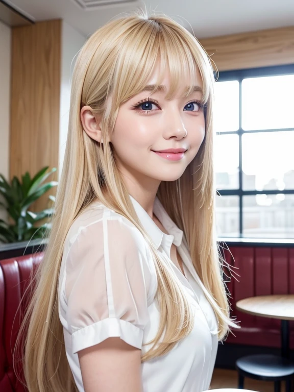 Silky skin and glowing cheeks、A very beautiful and adorable 20 year old girl、((Long bangs that reach down to the nose and between the eyes,,,))、Beautiful and cute young woman with very long, silvery, silky platinum blonde hair、Very beautiful pale yellow eyes shining、Bright expression、Summery clothes、Flat Chest、