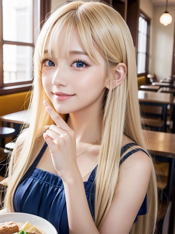 Silky skin and glowing cheeks、A very beautiful and adorable 20 year old girl、((Long bangs that reach down to the nose and between the eyes,,,))、Beautiful and cute young woman with very long, silvery, silky platinum blonde hair、Very beautiful pale yellow eyes shining、Bright expression、Summery clothes、Flat Chest、