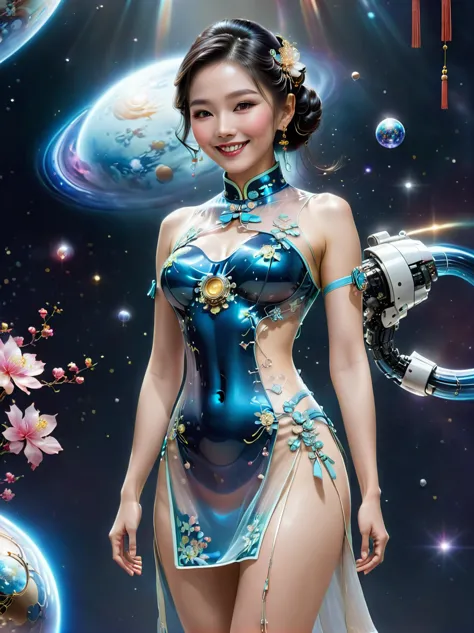 (full-body shot:1.4), space art, 1 cheongsam woman，whole body，standing，transparent robotic arm，slim body，perfect proportions，exq...