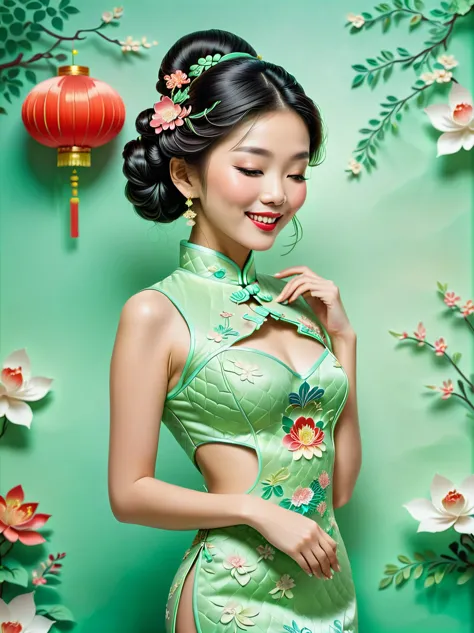 (paper art, quilted paper art, 3d), (full body:1.5), 1 cheongsam woman，shy，close your eyes，slim body，perfect proportions，exquisi...