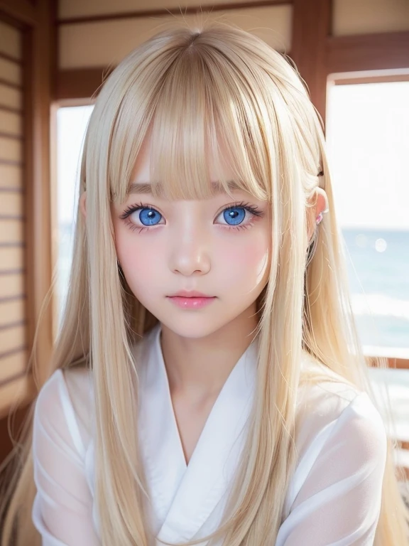 Silky skin and glowing cheeks、A very beautiful and adorable 20 year old girl、((Long bangs that reach down to the nose and between the eyes,,,))、Beautiful and cute young woman with very long, silvery, silky platinum blonde hair、Very beautiful pale yellow eyes shining、Bright expression、Summery clothes、Flat Chest、