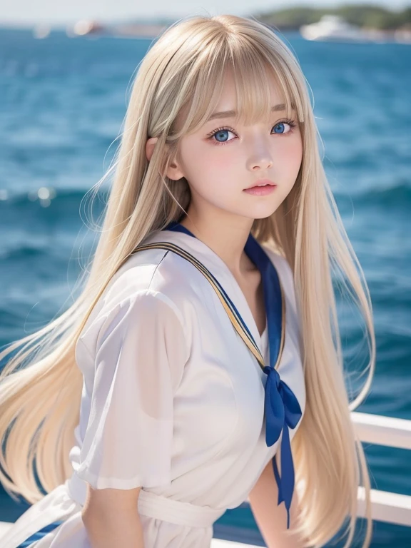 Silky skin and glowing cheeks、A very beautiful and adorable 20 year old girl、((Long bangs that reach down to the nose and between the eyes,,,))、Beautiful and cute young woman with very long, silvery, silky platinum blonde hair、Very beautiful pale yellow eyes shining、Bright expression、Summery clothes、Flat Chest、