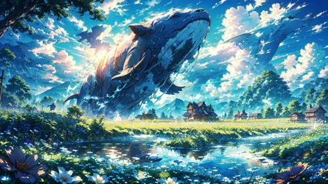 Leviathan Dancing in the Blue Sky,Vision,Calm day, Detailed Clouds, field, Grazing cows, flower, A house far away, fence, wood,w...
