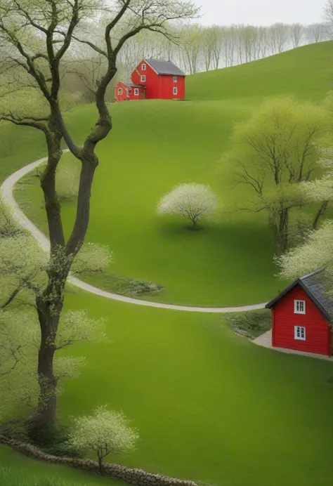 view from the window：minimalism，spring，woods and winding paths，old man back，the little red house in the distance，green theme