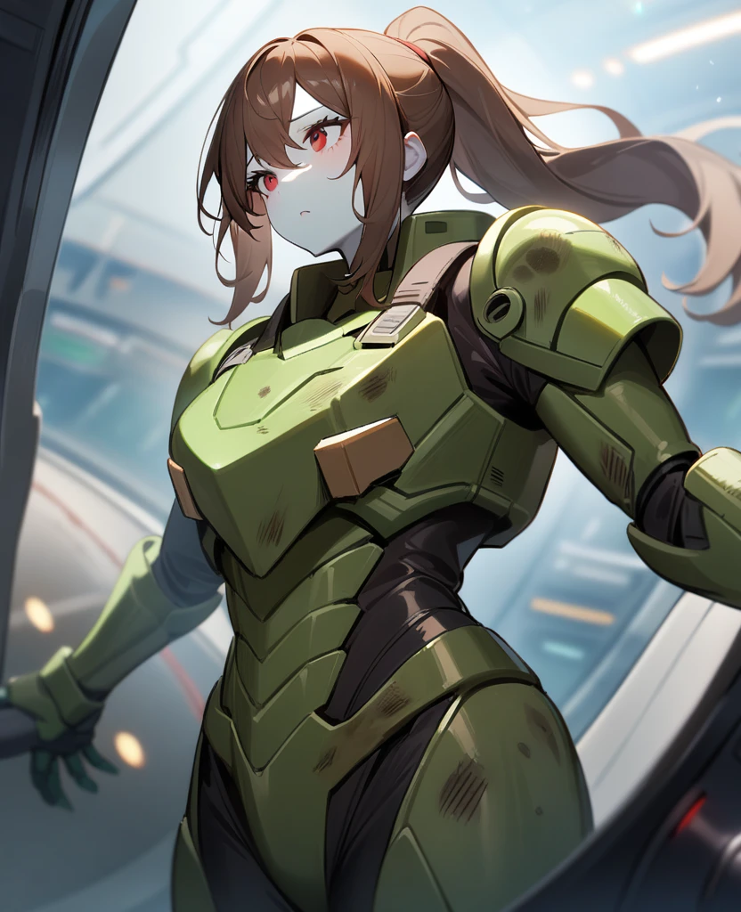 1girl,solo,red eyes,((brown hair:1.5)),green power armor,ponytail,((pale green skin)),green chest armor,cowboy shot,in space ship,zero gravity,Science fiction,ultra-detailed,sharp focus,aesthetic,(best quality), carrying purple halberd, tall woman, battle damage, giantess