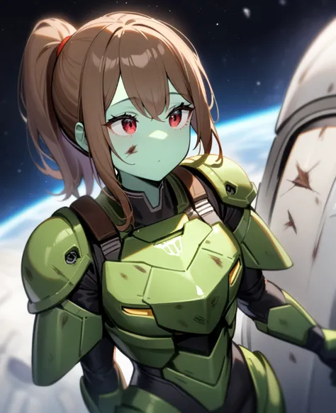 1girl,solo,red eyes,((brown hair:1.5)),green power armor,ponytail,((pale green skin)),green chest armor,cowboy shot,in space shi...