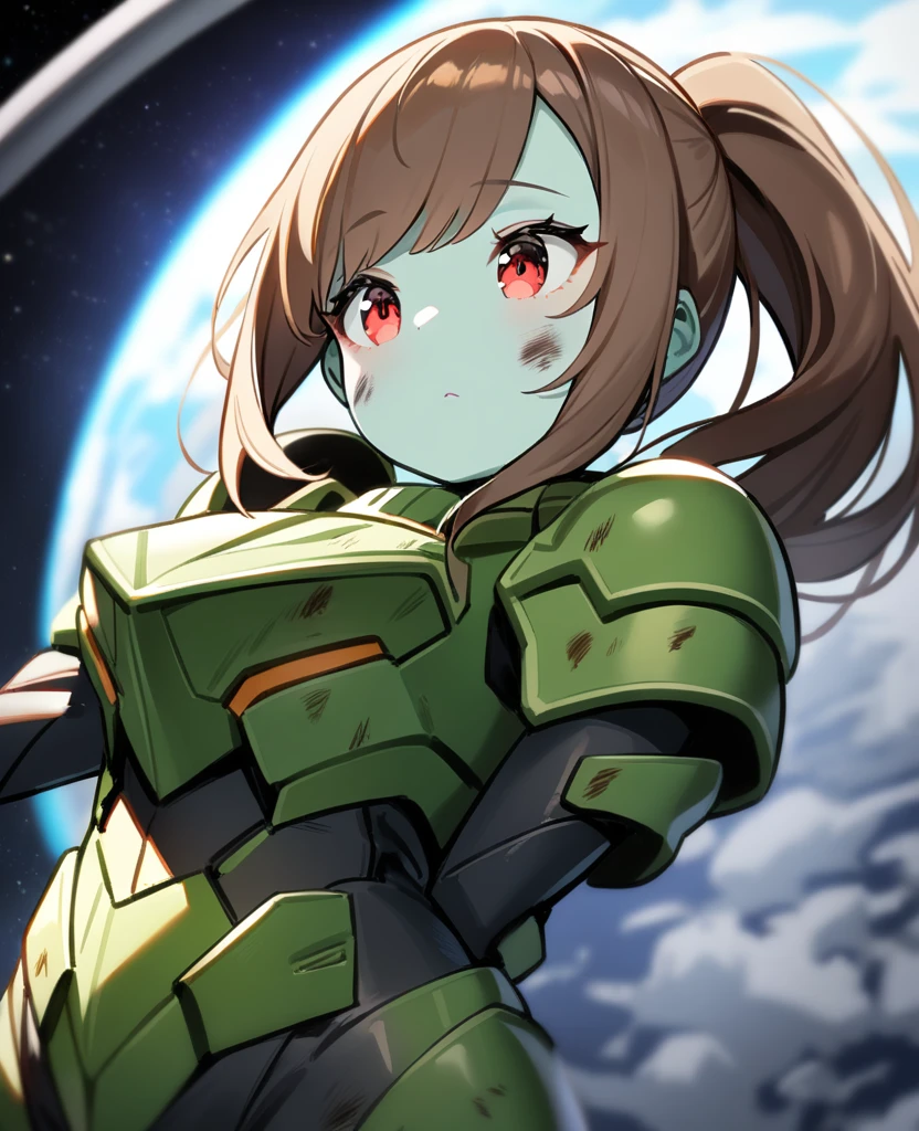 1girl,solo,red eyes,((brown hair:1.5)),green power armor,ponytail,((pale green skin)),green chest armor,cowboy shot,in space ship,zero gravity,Science fiction,ultra-detailed,sharp focus,aesthetic,(best quality), carrying purple halberd, tall woman, battle damage, giantess