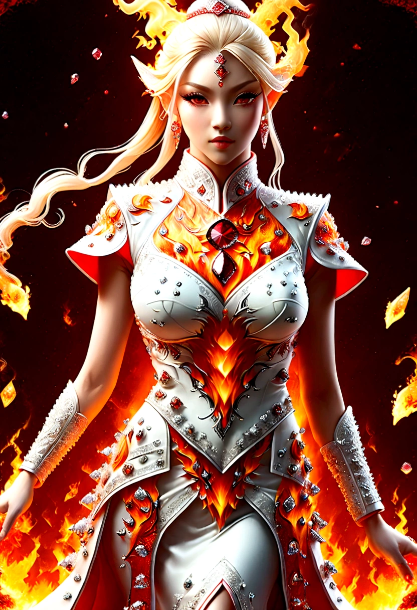 high details, best quality, 16k, [ultra detailed], masterpiece, best quality, (extremely detailed), full body, ultra wide shot, photorealistic, fantasy art, dnd art, rpg art, realistic art, an ultra wide picture of a female elf (intricate details, wearing fiery (white Cheongsam studded with red diamonds: 1.5), Masterpiece, best quality: 1.5) goddess of fire ((fiery radiant aura)), controlling a swirling red fire, fiery red radiant magic (1.5 intricate details, Masterpiece, best quality), manipulating purple radiant magical symbols, [[divine symbols]] (intricate details, Masterpiece, best quality: 1.5), elf female, (blond hair: 1.3), long hair, hair with aura, with red radiant eyes, intense eyes, ((radiant eyes)), (( red glowing eyes)), she wears Cheongsam with fiery patterns,  the fire leaps from the Cheongsam, fantasy volcano back ground, streams of lava, celestial background, ((divine worship atmosphere)), high details, best quality, highres, ultra wide angle, faize, diam0nd