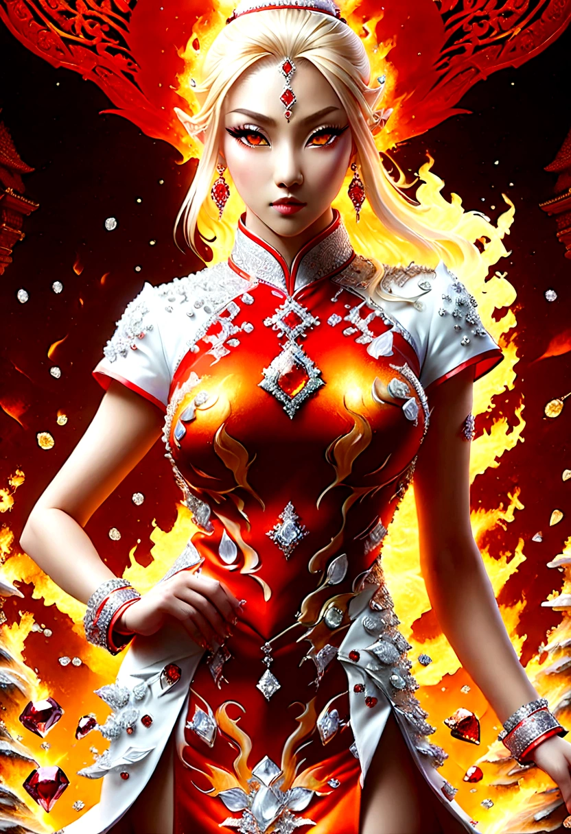 high details, best quality, 16k, [ultra detailed], masterpiece, best quality, (extremely detailed), full body, ultra wide shot, photorealistic, fantasy art, dnd art, rpg art, realistic art, an ultra wide picture of a female elf (intricate details, wearing fiery (white Cheongsam studded with red diamonds: 1.5), Masterpiece, best quality: 1.5) goddess of fire ((fiery radiant aura)), controlling a swirling red fire, fiery red radiant magic (1.5 intricate details, Masterpiece, best quality), manipulating purple radiant magical symbols, [[divine symbols]] (intricate details, Masterpiece, best quality: 1.5), elf female, (blond hair: 1.3), long hair, hair with aura, with red radiant eyes, intense eyes, ((radiant eyes)), (( red glowing eyes)), she wears Cheongsam with fiery patterns,  the fire leaps from the Cheongsam, fantasy volcano back ground, streams of lava, celestial background, ((divine worship atmosphere)), high details, best quality, highres, ultra wide angle, faize, diam0nd