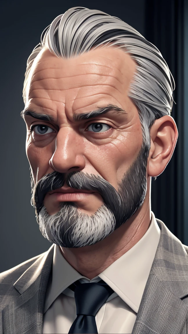 a middle-aged man, realistic portrait, detailed facial features, realistic skin texture, male,wrinkles,beard,grey hair,serious expression,suit,tie,office setting,window background,natural lighting,photorealistic,cinematic lighting,highly detailed,masterpiece