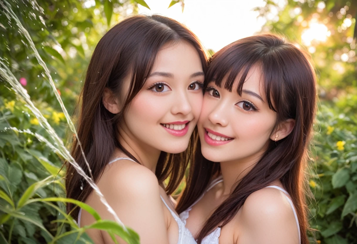 nsfw,multiple cute Asian Beauties laughing happily in a park outdoors,1girl,2girls,beautiful detailed eyes,beautiful detailed lips,extremely detailed eyes and face,longeyelashes,smiling,happy,joyful,bright colorful,vibrant colors,warm lighting,detailed environment,lush greenery,beautiful scenery,photorealistic,hyperrealistic,8k,high resolution,intricate details， (Squirting Girls: 1.34) 