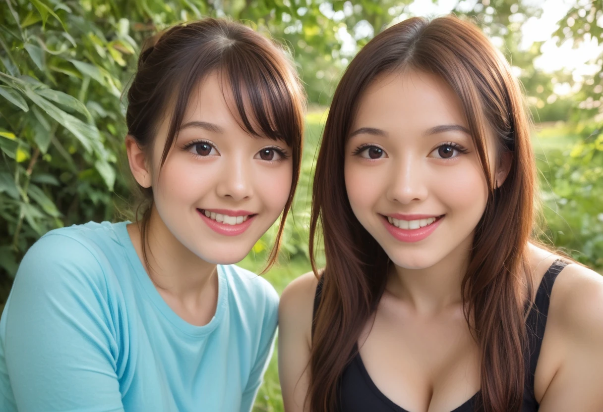 nsfw,multiple cute Asian Beauties laughing happily in a park outdoors,1girl,2girls,beautiful detailed eyes,beautiful detailed lips,extremely detailed eyes and face,longeyelashes,smiling,happy,joyful,bright colorful,vibrant colors,warm lighting,detailed environment,lush greenery,beautiful scenery,photorealistic,hyperrealistic,8k,high resolution,intricate details， (Girls who expose their pussy and squirt : 1.34)  