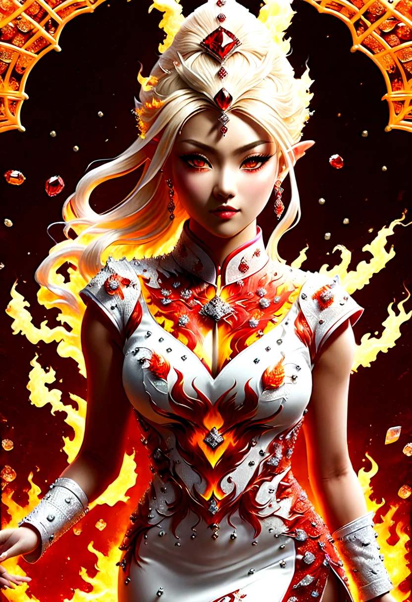 high details, best quality, 16k, [ultra detailed], masterpiece, best quality, (extremely detailed), full body, ultra wide shot, photorealistic, fantasy art, dnd art, rpg art, realistic art, an ultra wide picture of a female elf (intricate details, wearing fiery (white Cheongsam studded with red diamonds: 1.5), Masterpiece, best quality: 1.5) goddess of fire ((fiery radiant aura)), controlling a swirling red fire, fiery red radiant magic (1.5 intricate details, Masterpiece, best quality), manipulating purple radiant magical symbols, [[divine symbols]] (intricate details, Masterpiece, best quality: 1.5), elf female, (blond hair: 1.3), long hair, hair with aura, with red radiant eyes, intense eyes, ((radiant eyes)), (( red glowing eyes)), she wears Cheongsam with fiery patterns,  the fire leaps from the Cheongsam, fantasy volcano back ground, streams of lava, celestial background, ((divine worship atmosphere)), high details, best quality, highres, ultra wide angle, faize, diam0nd, Hyperrealism style