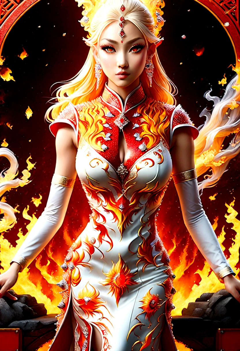 high details, best quality, 16k, [ultra detailed], masterpiece, best quality, (extremely detailed), full body, ultra wide shot, photorealistic, fantasy art, dnd art, rpg art, realistic art, an ultra wide picture of a female elf (intricate details, wearing fiery (white Cheongsam studded with red diamonds: 1.5), Masterpiece, best quality: 1.5) goddess of fire ((fiery radiant aura)), controlling a swirling red fire, fiery red radiant magic (1.5 intricate details, Masterpiece, best quality), manipulating purple radiant magical symbols, [[divine symbols]] (intricate details, Masterpiece, best quality: 1.5), elf female, (blond hair: 1.3), long hair, hair with aura, with red radiant eyes, intense eyes, ((radiant eyes)), (( red glowing eyes)), she wears Cheongsam with fiery patterns,  the fire leaps from the Cheongsam, fantasy volcano back ground, streams of lava, celestial background, ((divine worship atmosphere)), high details, best quality, highres, ultra wide angle, faize, diam0nd, Hyperrealism style