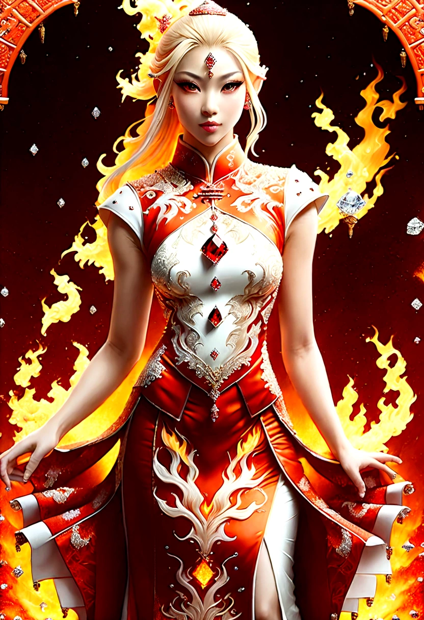 high details, best quality, 16k, [ultra detailed], masterpiece, best quality, (extremely detailed), full body, ultra wide shot, photorealistic, fantasy art, dnd art, rpg art, realistic art, an ultra wide picture of a female elf (intricate details, wearing fiery (white Cheongsam studded with red diamonds: 1.5), Masterpiece, best quality: 1.5) goddess of fire ((fiery radiant aura)), controlling a swirling red fire, fiery red radiant magic (1.5 intricate details, Masterpiece, best quality), manipulating purple radiant magical symbols, [[divine symbols]] (intricate details, Masterpiece, best quality: 1.5), elf female, (blond hair: 1.3), long hair, hair with aura, with red radiant eyes, intense eyes, ((radiant eyes)), (( red glowing eyes)), she wears Cheongsam with fiery patterns,  the fire leaps from the Cheongsam, fantasy volcano back ground, streams of lava, celestial background, ((divine worship atmosphere)), high details, best quality, highres, ultra wide angle, faize, diam0nd, Hyperrealism style