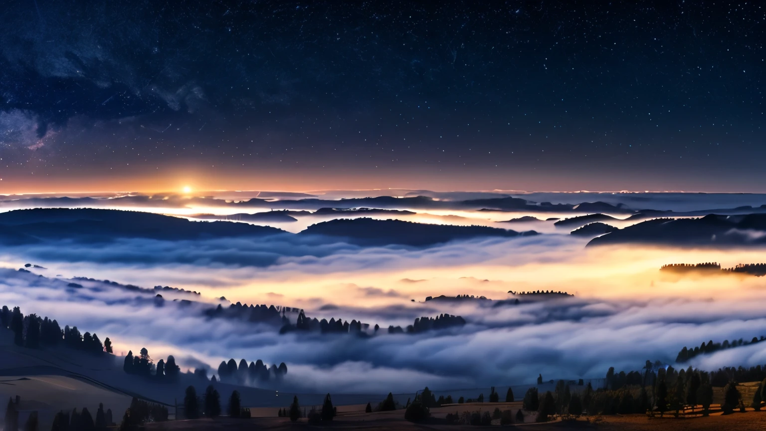 panoramic, expansive nighttime landscape, mist,