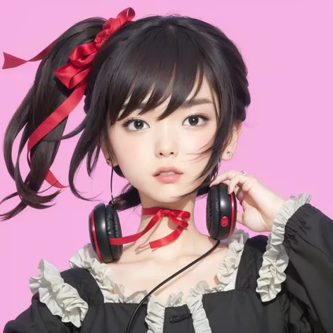 dj girl with red ribbon, headset, hair tied up on the right