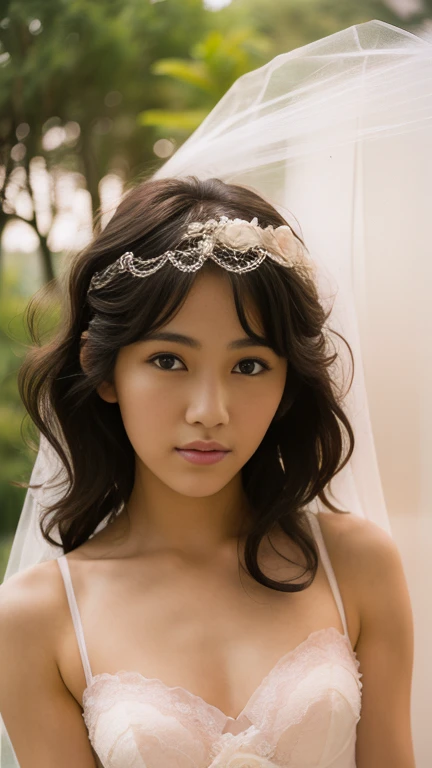 photo, photo realistic, (photorealistic:1.4), best quality, high quality, 4K, RAW, masterpiece, realistic lightning, beautiful face,
1girl, solo, (18 years old), (japanese:1.3), gravure idol, (medium breasts), 
black hair, (medium hair:1.2), (wavy hair:1.2),
((light) pink lips:1.3), closed mouth, (smiling:0.8),
(bride:1.2), (((white)) wedding lace dress:1.2), wedding veil,
looking at viewer, (upper body), (beautiful arms:1.2), (front view),
BRAKE,
(outdoors:1.4),