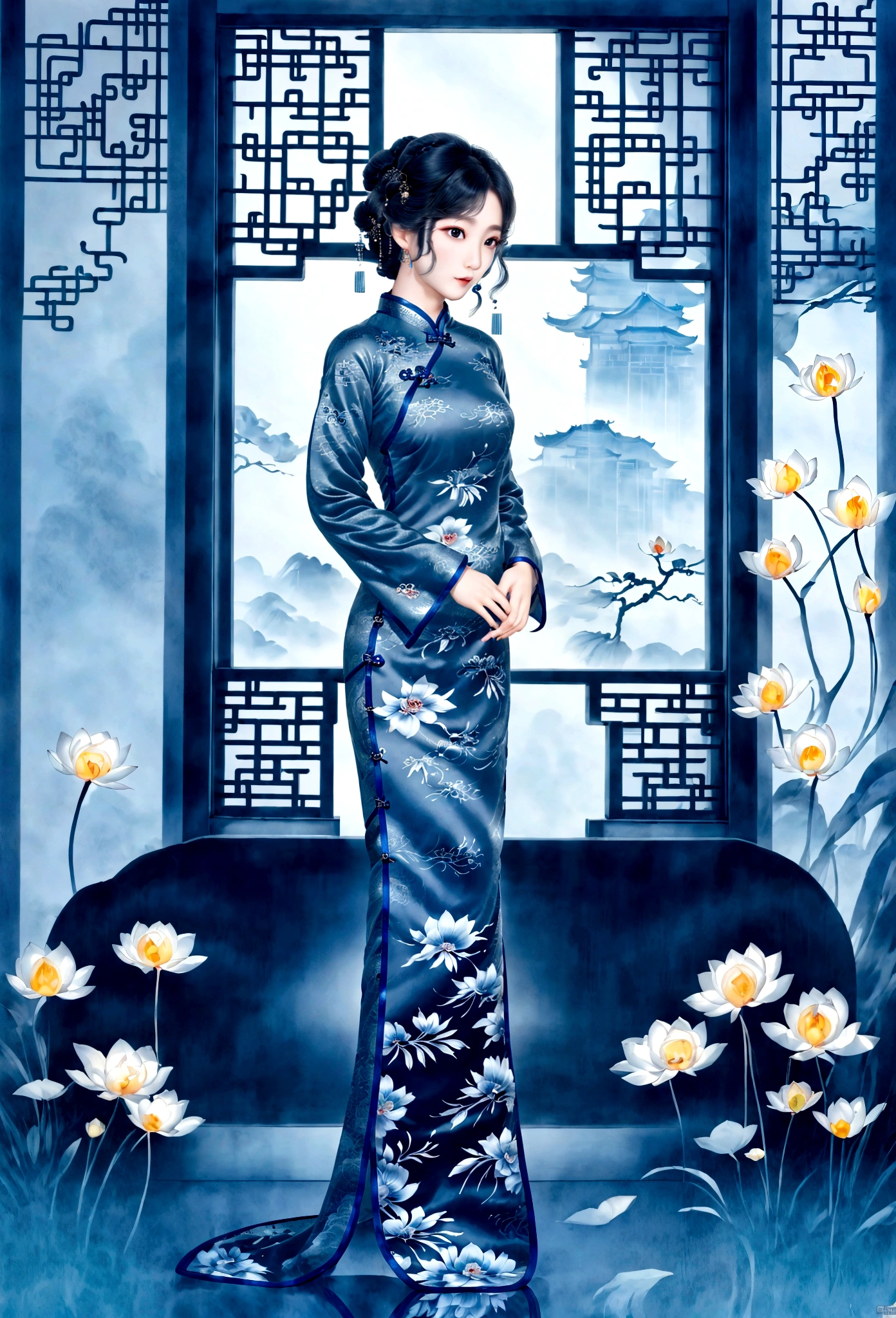 (masterpiece, best quality:1.2),Wavy hair secretary，solitary,Exquisite eyes,Fine black hair，( Smooth skin:1.2)( Wear a gorgeous and shining cheongsam:1.2)， Slender body proportions，Gorgeous room（（Intricate details））