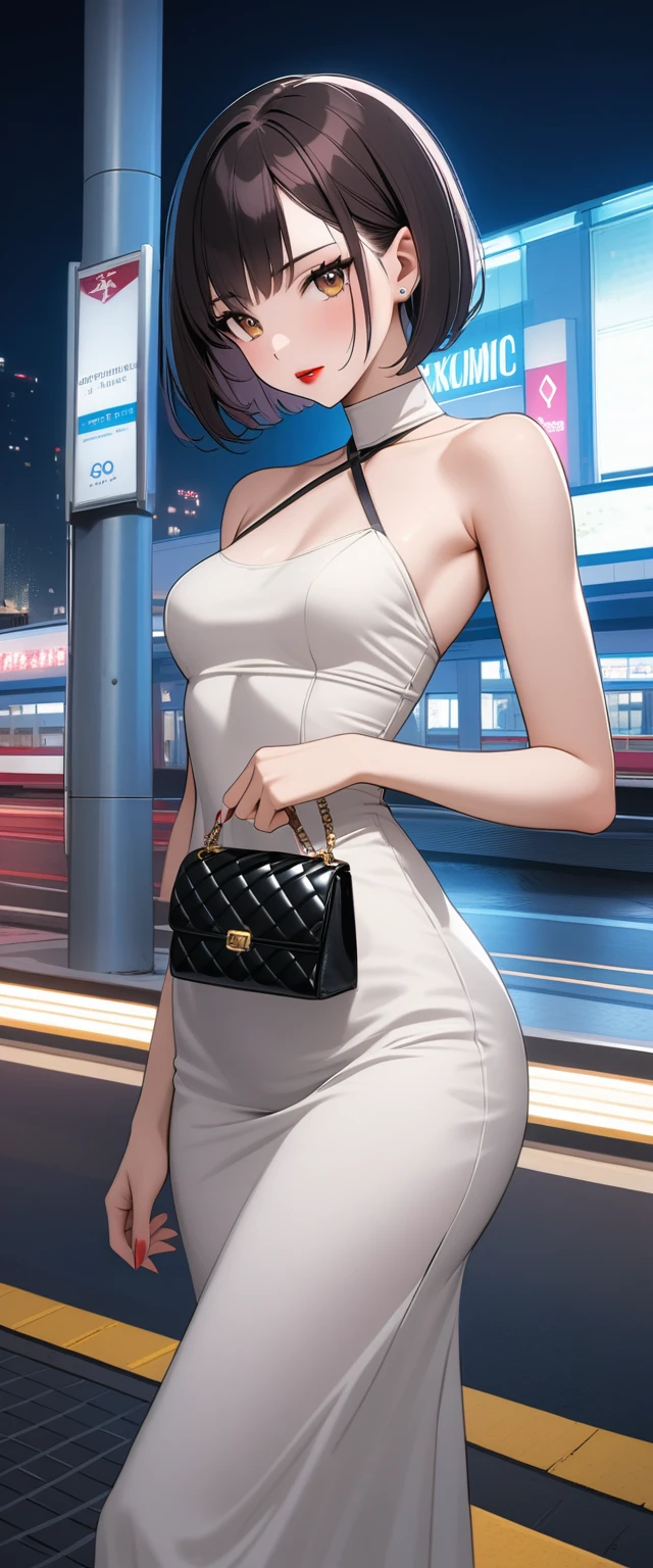 Beautiful woman with short dark hair with a bob cut with brown eyes wearing a Mock Neck Cut Out Dress, Sexy Criss Cross Mock Neck Short Sleeves Dress, luxurious jewelry, 18k gold wedding ring, standing at a bus station at night carrying a luxurious handbag (red lipstick),(elegant mascara), (slim body with abs), (small breasts), (wide hips), midjourney, <lora:GoodHands-, <lora:GoodLegs-, UHD, high resolution, (masterpiece:1.1, best quality), (expressive eyes, perfect face, full body, expressive face, perfect body, athletic, fit, slim body, blushing, Perfect makeup, eyeliner, beautiful eyelashes, smiling, horny face), ((best illumination, best shadows))
