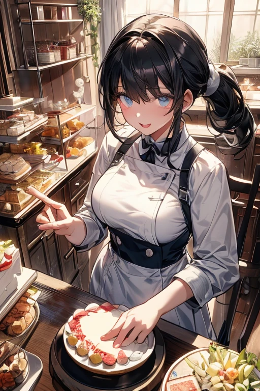 (dynamic angle:1.3, front view:1.1, breast focus:1.3, from above:1.1), (dynamic posing:1.2, sexy posing:1.2), (seductive smiling:1.3), ((looking at cake,Taking a cake out of the golden oven, worried about the outcome:1.2)),highest quality、(real、photorealistic:1.4),(ultra high resolution, 8K RAW photo, clear focus), best qualtiy, natural lighting, field depth, (Bright pupils, detailed beautiful eyes, high detailed face), Red lip, (tight focus:1.2), a girl 22yo old, Wearing a pastry chef uniform:1.3 , Thicc, thin breast, long hair, blue eyes,a pastry pretty girl:1.1, (highly detailed beautiful face and eyes,small breasts),real skin,((black,hair,long pony tail hair)),thin pubic hair,cute,lovely, detailed eyes,(double breasted:1.0,under bust:1.0),(with sparkling eyes and a contagious smile),open mouth, Looking at Viewer,A scene of cooking in the kitchen with the oven made by goldden 