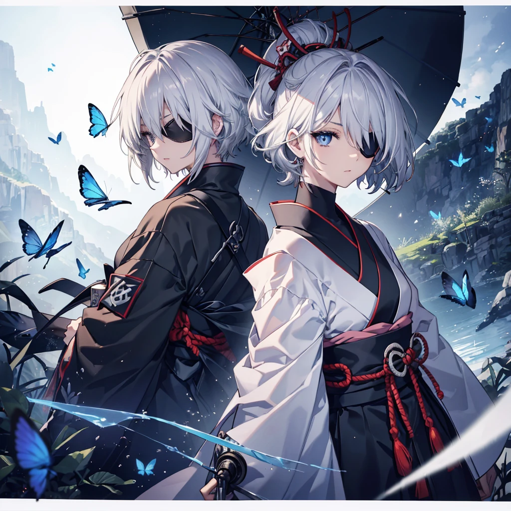 (((1 person　Put on an eye patch　Gray Hair)))　((High resolution　short hair　Black kimono　Shoulder　knifeを胸の前で構える))　((Black Band　samurai　Lonely　despair　blue eyes　Close-up))　((Blue Butterfly　night　Japanese style　old　Shining Aura　garden　water surface　Catch the wind))　(dance　日本knife　knife　Slashing)　月night　moonlight　star　Draw your sword　Shining Background　Shining Edge