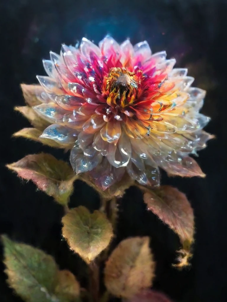 Crystal Blossom Flower,Dahlia Fantasy, Milky Way, transparent, Sparkling, Sparkling, wonderful, colorful, Magical Pictures, Dramatic lighting, Photographic realism, Super detailed, 4K, Depth of written boundary, High resolution