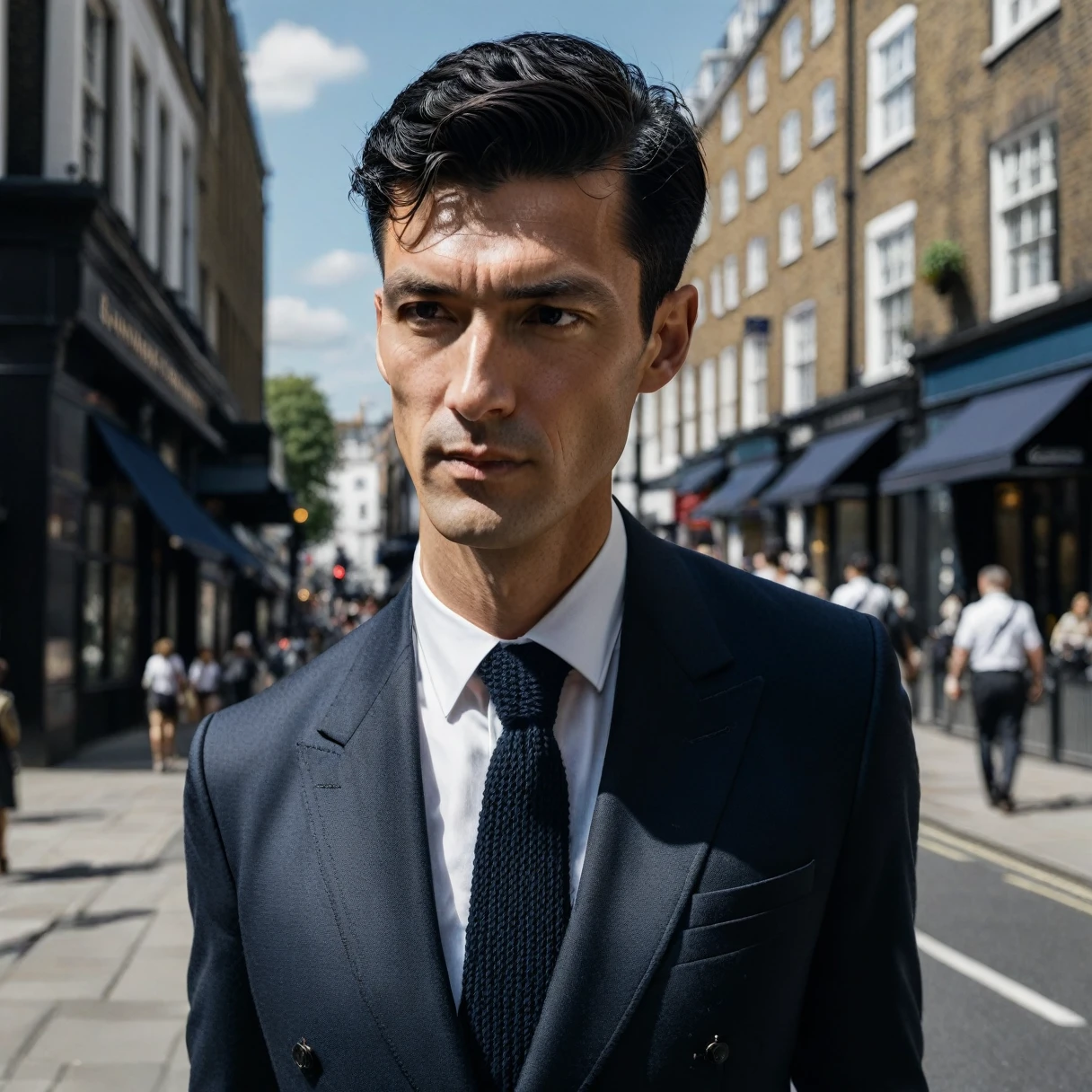 photorealistic, cinematic, raw photo, low angle shot, man, mature, black hair, short side part hairstyle, clean shaven, tall, thin, scar on cheek, wearing dark navy doublebreasted suit, white shirt, black knitted necktie, walking on streets of London, summer, sunny