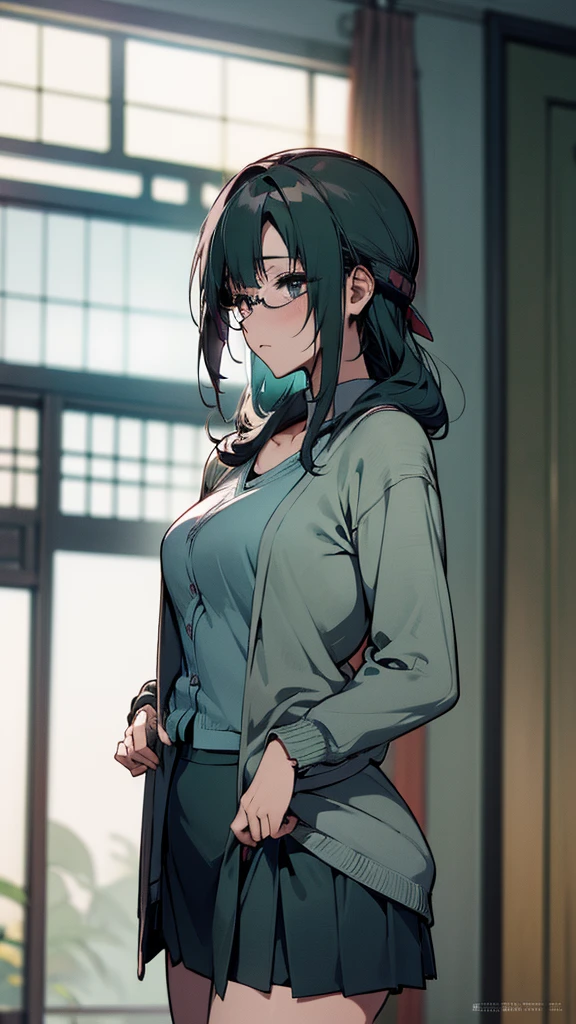 (masterpiece, best quality, High resolution), Arima Kana (Shinobi), teal cardigan, sweater, dark_Green_shirt,mini skirt, Permanent, Open your clothes, alone,