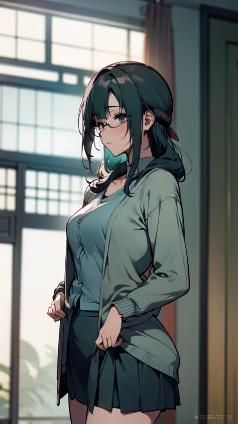 (masterpiece, best quality, high resolution), arima kana (shinobi), teal cardigan, sweater, dark_green_shirt,mini skirt, permane...