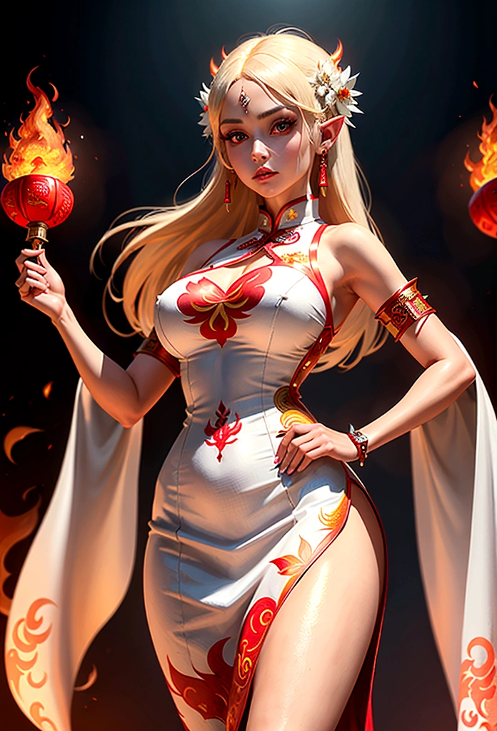 high details, best quality, 16k, [ultra detailed], masterpiece, best quality, (extremely detailed), full body, ultra wide shot, photorealistic, fantasy art, dnd art, rpg art, realistic art, an ultra wide picture of a female elf (intricate details, wearing fiery (white Cheongsam studded with red diamonds: 1.5), Masterpiece, best quality: 1.5) goddess of fire ((fiery radiant aura)), controlling a swirling red fire, fiery red radiant magic (1.5 intricate details, Masterpiece, best quality), manipulating purple radiant magical symbols, [[divine symbols]] (intricate details, Masterpiece, best quality: 1.5), elf female, (blond hair: 1.3), long hair, hair with aura, with red radiant eyes, intense eyes, (( red glowing eyes: 1.3)), she wears Cheongsam with fiery patterns, (the fire leaps from the  patterns on Cheongsam into live fire: 1.3), fantasy volcano back ground, streams of lava, celestial background, ((divine worship atmosphere)), high details, best quality, highres, ultra wide angle, faize, diam0nd