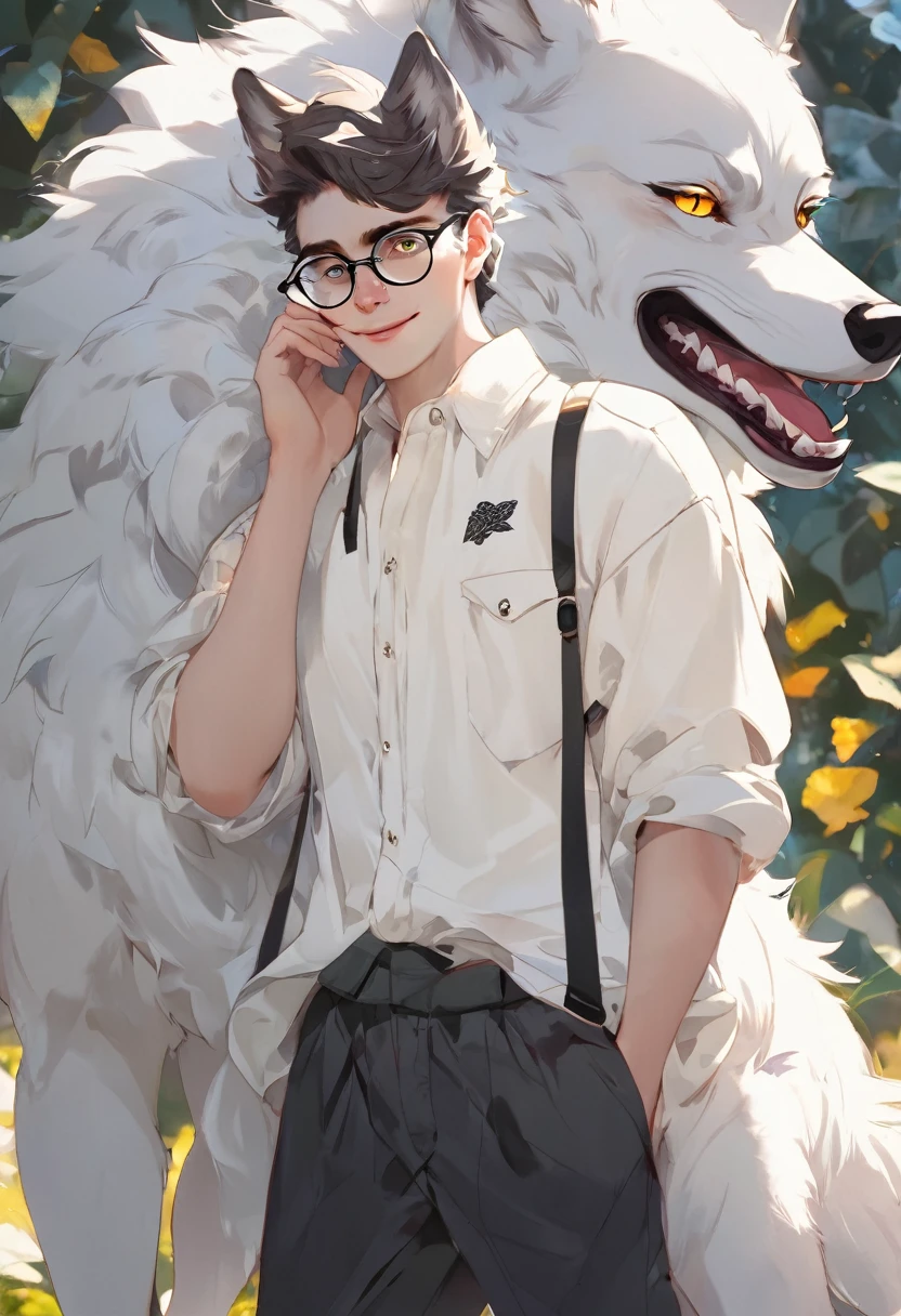 Wolf，male，shirt，Pants，Off-white fur，Heterochromia，Glasses，happy，Introversion