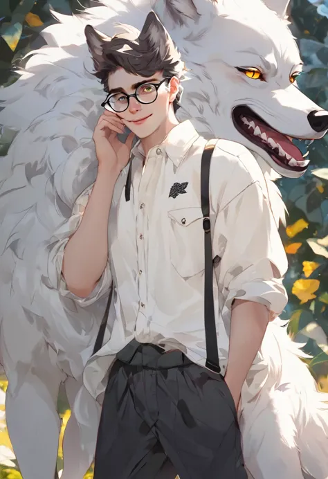 wolf，male，shirt，pants，off-white fur，heterochromia，glasses，happy，introversion