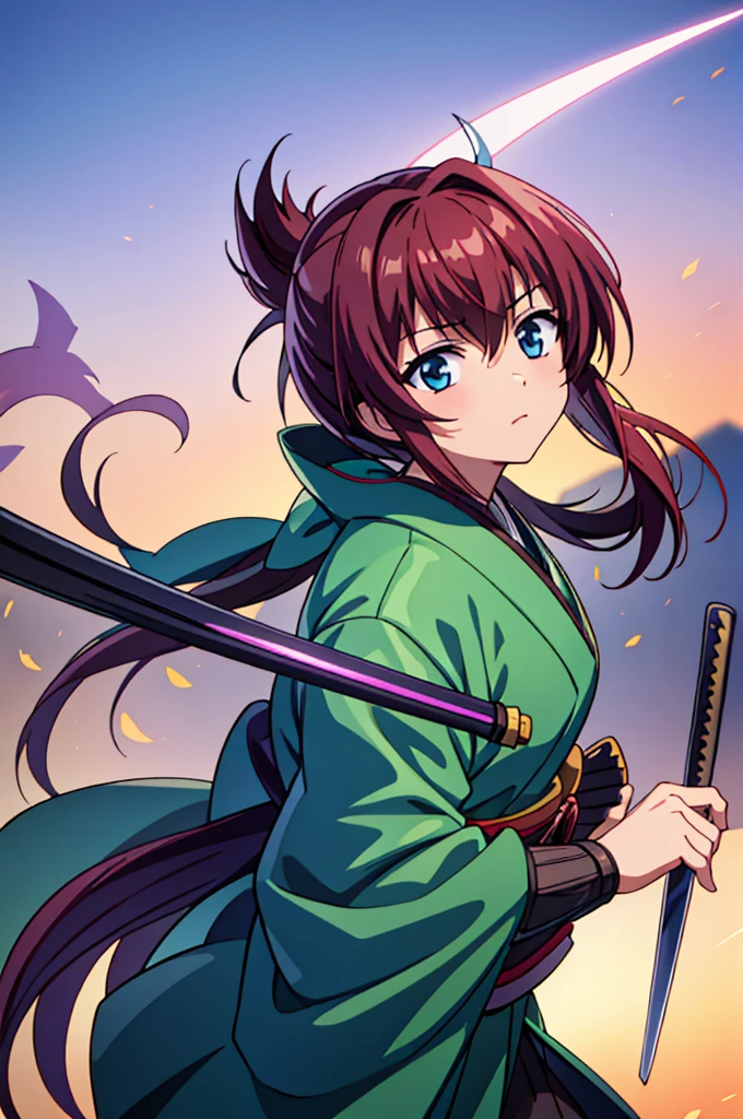 quality, masterpiece, High resolution, alone, （Rurouni Kenshin: Saito Hajime），（Glaring Eyes），roar，（spear) ，（Spear Thrust），Holding a spear，kimono，（Spear pose），（Jinhaori），Evening sky_background，Young Girl，Anime Style, 最高quality, 4K, masterpiece,， alone, 1,whole body，looking at the camera, Shinkai Makoto style, （green_coat）Sharp Eyes，Low posture，（(spear‗pose)) ，（Full Finger）, （Accurate fingertips）, （The finer details）, （Anatomically correct）, (映画のbackground), Hyper Detail, (Subtle details), (Intricate details),