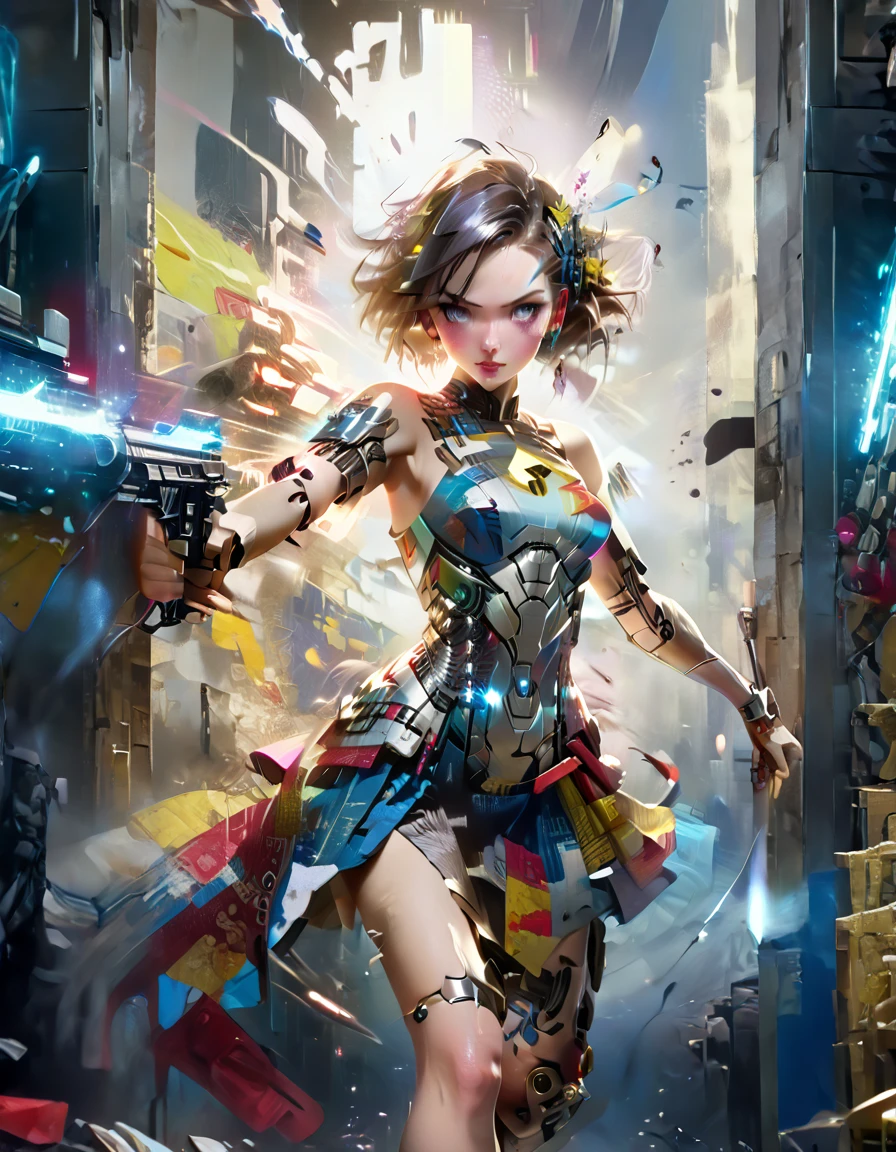 A young and beautiful woman_cyborg、A grinning expression、（China dress：1.4）、（Assault rifle fires at high speed：1.7）、（Motion Blur Effect：1.5）、Chaos inside the casino、Frenzy、is in destruction、（Highest quality、4K、8K、High resolution、masterpiece：1.2）、Super detailed、（Real、Photorealistic、Photorealistic：1.37）、Detailed facial features、Intricate dress patterns、Impressive pose、Dramatic lighting、Cinematic composition、Bright colors、dystopian atmosphere,oil painting,