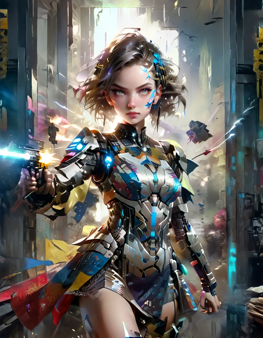 A young and beautiful woman_cyborg、A grinning expression、（China dress：1.4）、（Assault rifle fires at high speed：1.7）、（Motion Blur Effect：1.5）、Chaos inside the casino、Frenzy、is in destruction、（Highest quality、4K、8K、High resolution、masterpiece：1.2）、Super detailed、（Real、Photorealistic、Photorealistic：1.37）、Detailed facial features、Intricate dress patterns、Impressive pose、Dramatic lighting、Cinematic composition、Bright colors、dystopian atmosphere,oil painting,