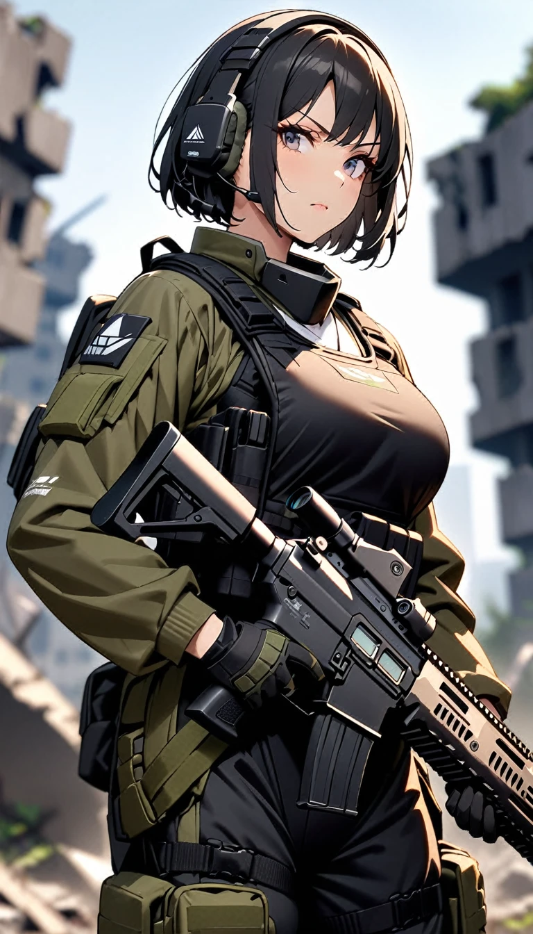 ((masterpiece)),((top quality)),((A high resolution)),((Very detailed)),one woman,48 years old,mature woman,Japanese,black hair,short bob,Beautiful eyes,Long eyelashes,beautiful hair,Beautiful skin,Serious,BREAK(((a gun))),a gun,White shirt,black body armor, Combat boots, Black Tactical Forster,tactical headset,(Background - ruins of ruins.),(((Blur background)))